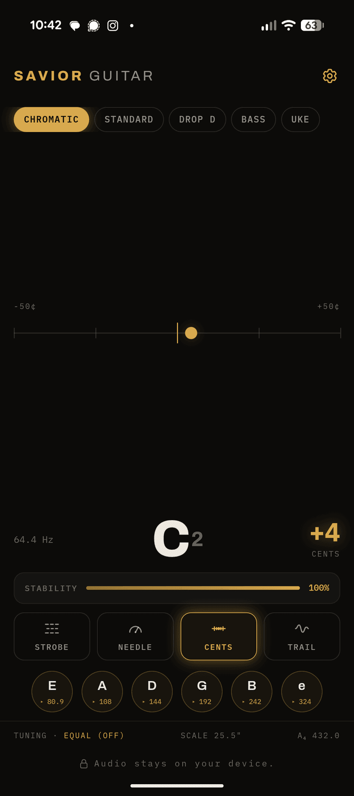 Savior Guitar Tuner: Pro cents display showing a numeric readout of C2 at plus 4 cents