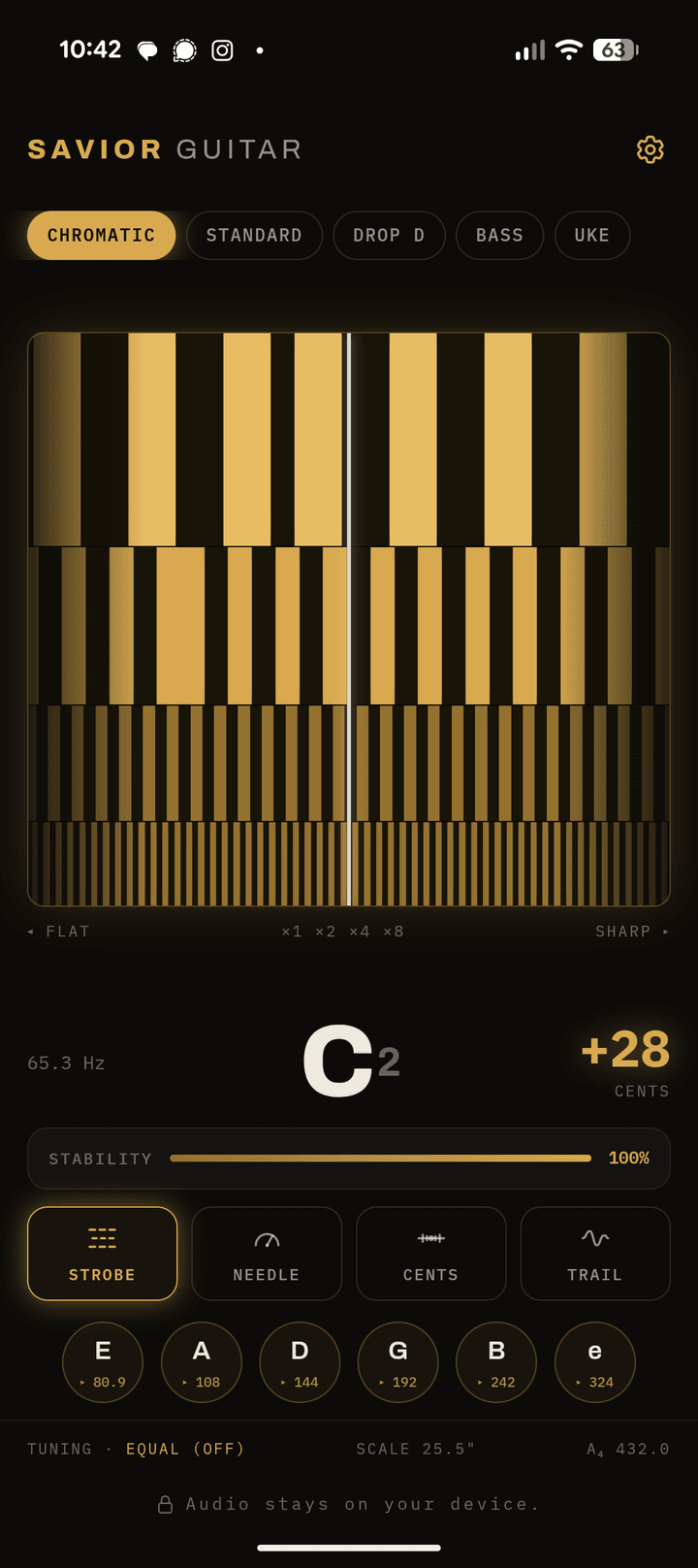 Savior Guitar Tuner: Pro strobe display in gold, reading C2 at plus 28 cents