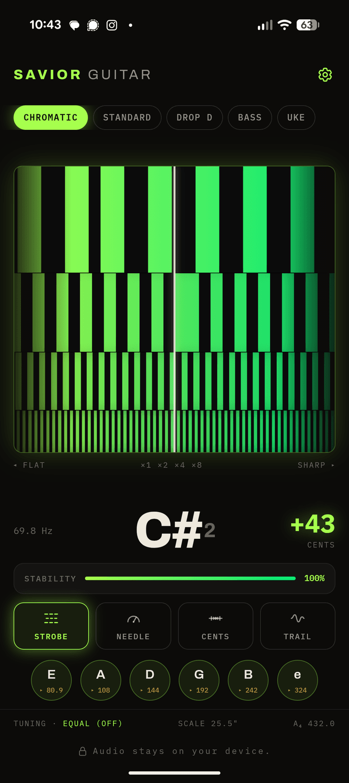 Savior Guitar Tuner: Pro strobe display in the verde green color palette