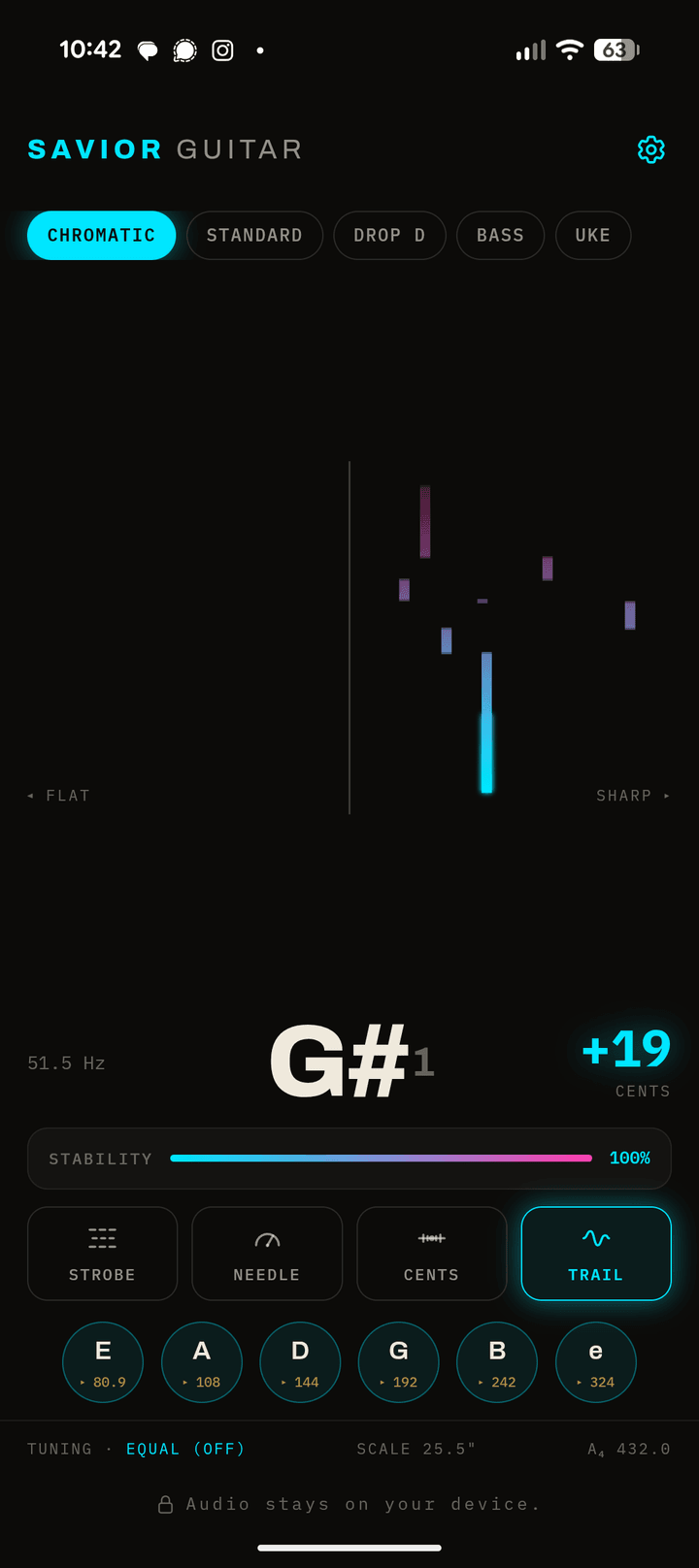 Savior Guitar Tuner: Pro trail display showing a G-sharp note settling toward pitch