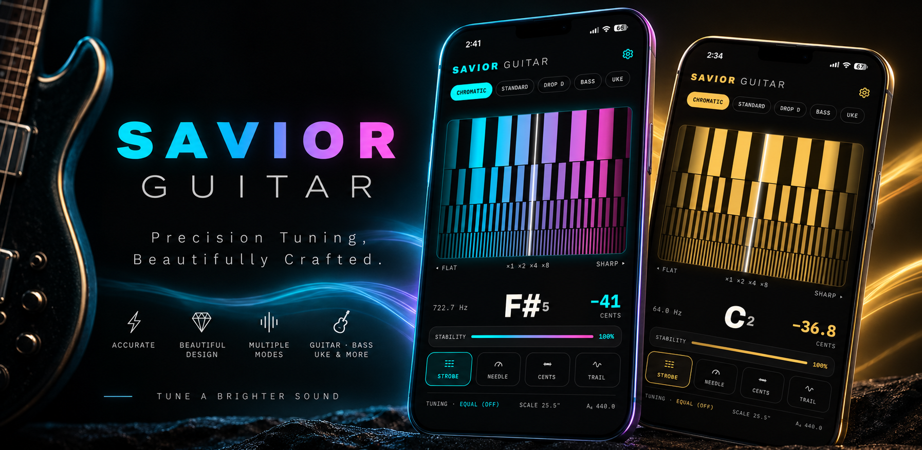 Savior Guitar Tuner: Pro strobe display locked on a note